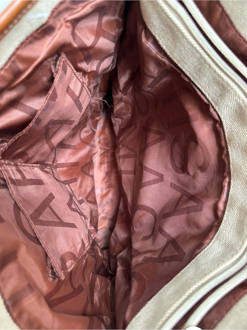 Isaac Mizrahi Beige Canvas Tote with Brown Faux Leather Trim - Picture 9 of 12
